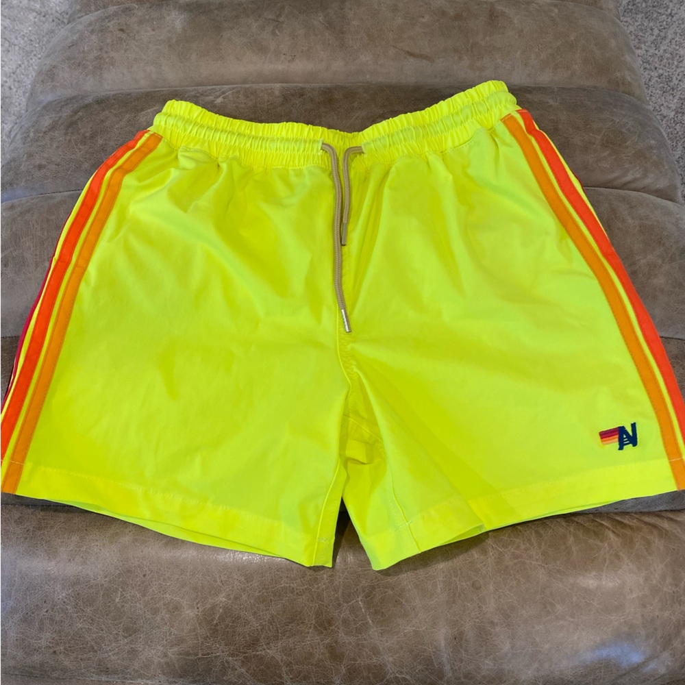 Aviator Nation Neon Yellow Kids Shorts with Red Stripes